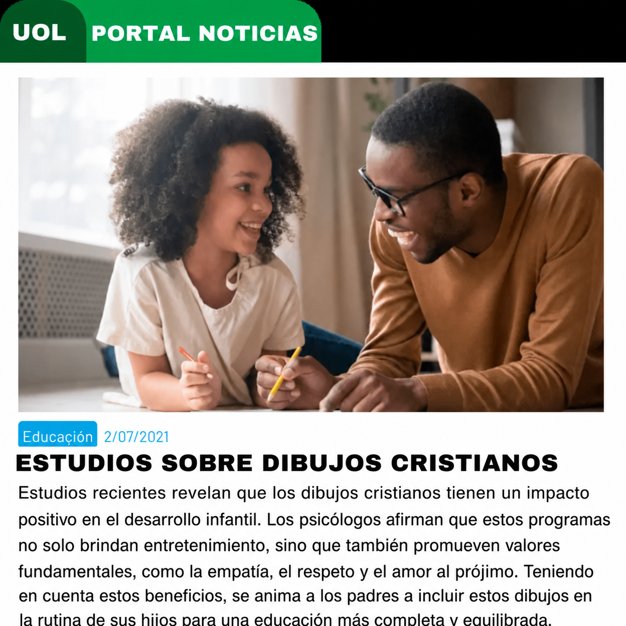 Ilustración de un adulto y una niña aprendiendo juntos, junto a un artículo sobre dibujos cristianos.